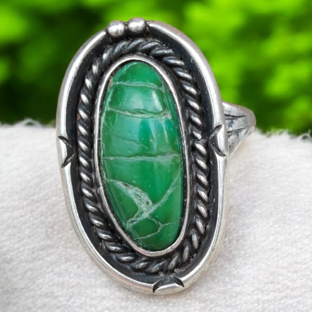 Vintage Navajo Old Pawn Sterling Silver Green Royston Turquoise Ring